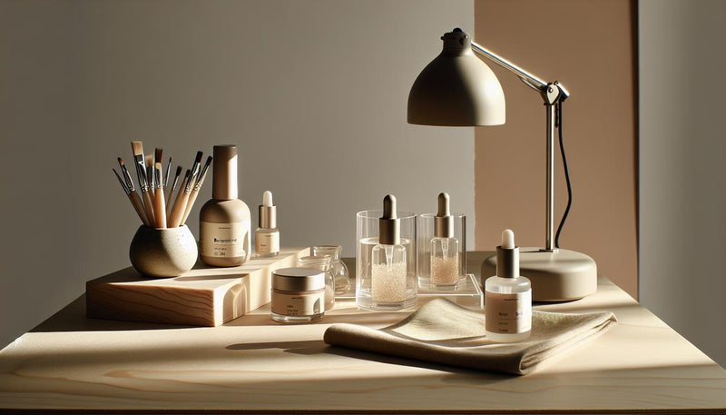 Minimalistische Studio-Nahaufnahme einer aufgeräumten Nagel-Station auf Birkenholz mit UV-Lampe, unlabeled Fläschchen, Nailart-Pinseln und pastellakzent – NailArt Ideen
