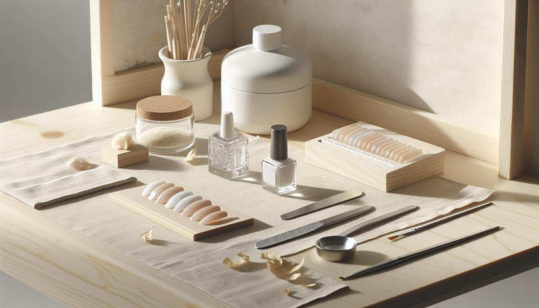 Luftige Nahaufnahme eines aufgeräumten Maniküre-Arbeitsplatzes mit offener, unbeschrifteter NailX-Verpackung, Pinsel, Feilen und Gelfläschchen auf hellem Holz. nailx erfahrung