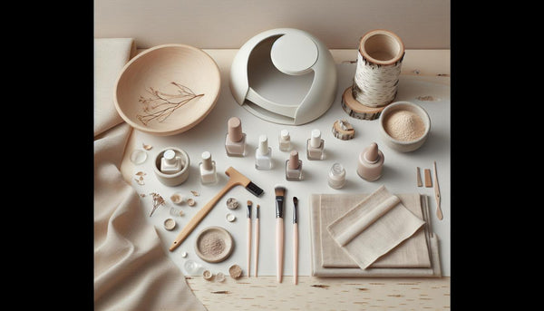 Aufgeräumtes Flatlay eines neutralen Gel-Starterkits auf hellem Holz mit UV-Lampe, Pinsel, Fläschchen und dezenten rosa Akzenten – NailX im Vergleich
