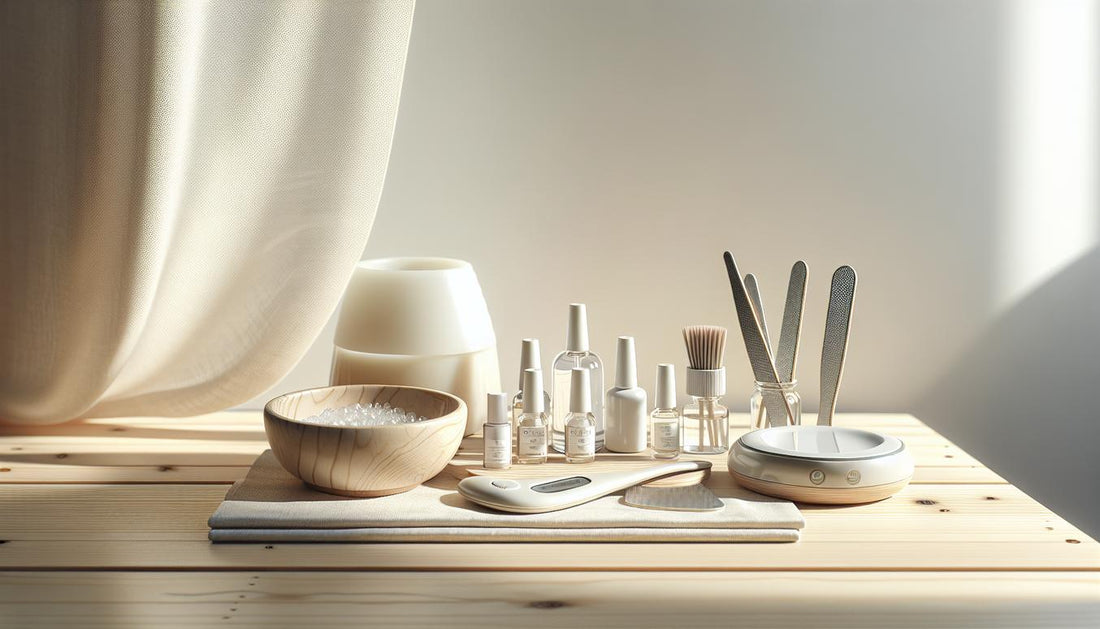 Minimalistische Studioaufnahme von Starter-Kit-Komponenten für Gelnägel auf hellem Birkenholz mit rosa Akzent und Leinentuch – NailX Kundenbewertungen