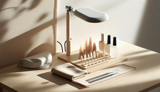 Minimalistische Nahaufnahme einer aufgeräumten Nail‑Workstation mit Soft‑Gel‑Tips in vier Formen, UV/LED‑Lampe, Base‑ und Top‑Coat, Feilen und Handtuch auf hellem Holz — nailx starterset