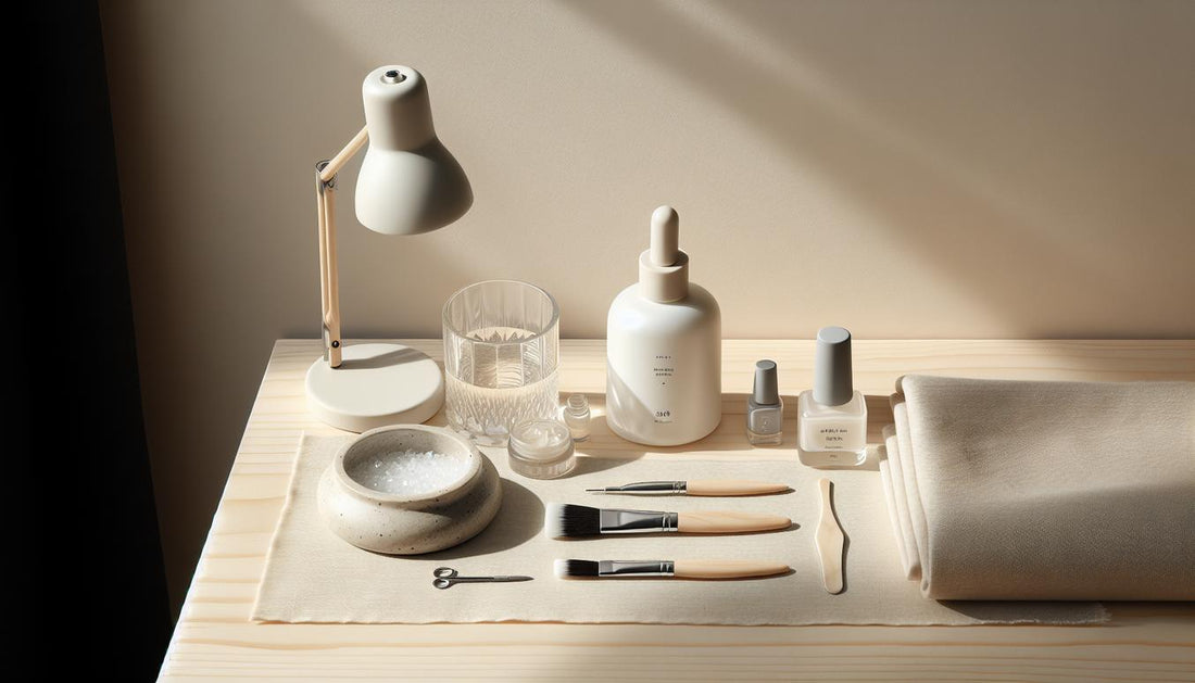 Minimalistisches Flatlay-Maniküre mit LED-Lampe, offenen Base- und Builder-Gel-Töpfen, feinen Pinseln, Poliertuch und einem natürlich geformten Nail‑Tip – Natur Gelnägel