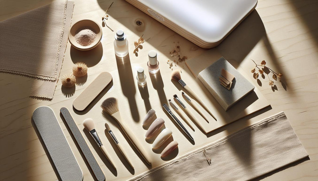 Minimalistischer Arbeitsbereich mit Feilen, Pinsel, Buffer, LED‑Lampe, Nagelöl und Nude‑Probeeinheit – stilvolle Szene für natürliche gelnägel.