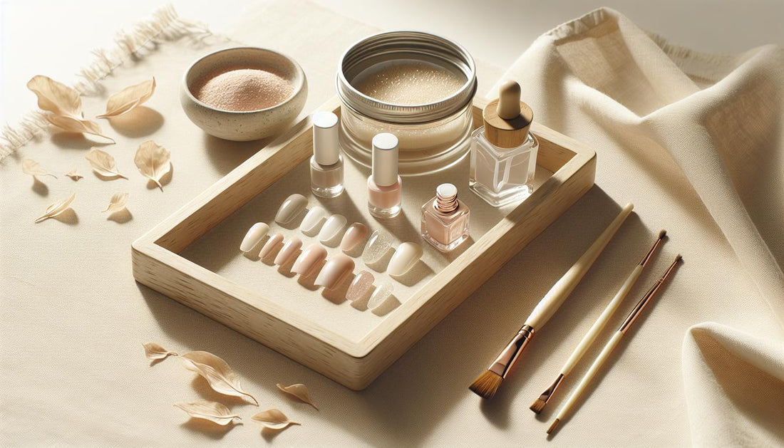 Minimalistisches Arrangement kurzer Press-on-Nägel in Nude- und Rosé-Tönen auf hellem Holztisch mit offenem UV-Gel, Pinsel und getrockneten Blüten — natürliche nägel kurz.