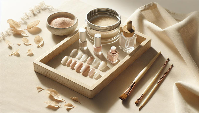 Minimalistisches Arrangement kurzer Press-on-Nägel in Nude- und Rosé-Tönen auf hellem Holztisch mit offenem UV-Gel, Pinsel und getrockneten Blüten — natürliche nägel kurz.