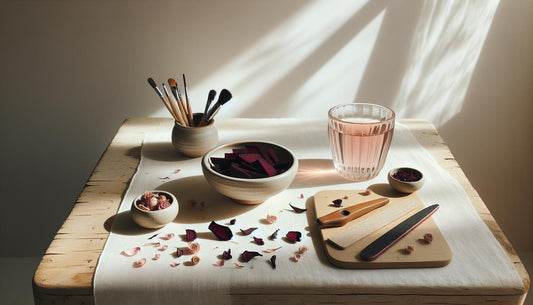 Minimalistische Nahaufnahme: Schale mit geschnittener Roter Bete, Schälchen mit getrocknetem Hibiskus und Rosenblättern, Glas rosa Tee und dezente Nail-Tools auf hellem Holztisch, natürliche nagelfarbe rosa
