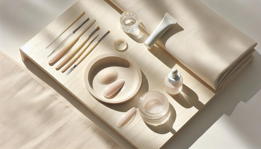 Minimalistisches Maniküre-Set auf hellem Holz mit Gelly-Tuben, Nagelölflakon, LED-Lampenrand und weichrosa Tips – natürliche Nagelfärbung in hellem, ruhigem Stil