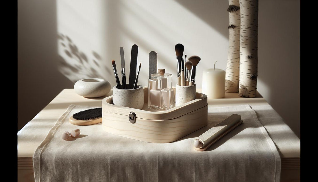 Minimalistischer Maniküre-Arbeitsplatz auf hellem Holztisch mit offener Starter-Box, geordneten Werkzeugen und dezenten Nude-Nageltips – natürlicher Nagellook.