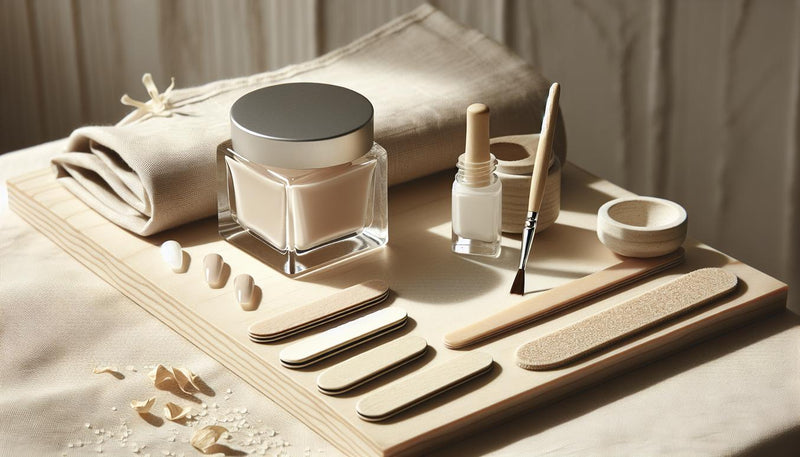 Minimalistische Nahaufnahme einer Nagelstation mit offenem UV‑Gel, dünnem Pinsel, Dehydrator und feinen Feilen auf hellem Birkenholz – naturnägel gel