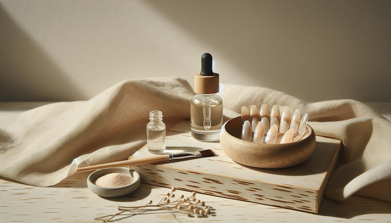 Stilleben mit offenem Nagelöl, fünf natürlichen Press-On-Nägeln auf Leinen, Keramikschale mit Nagelpuder und rosa Blütenakzent — Naturnägel-Pflege.