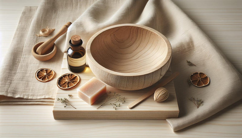 Nahaufnahme einer Holzschale mit Glasflasche Jojobaöl, weichem Baumwolltuch, natürlicher Seife und feiner Nagelfeile auf hellem Birkenholz – Naturnägel stärken.