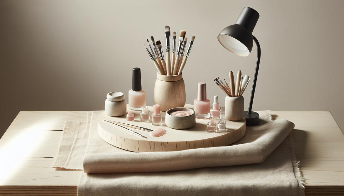 Minimalistischer Nageltisch mit offenem Gel‑Set, rosé Farbtöpfen, feinen Pinseln und LED‑Licht auf hellem Birkenholz; ruhige Tageslichtstimmung – naturnahe gelnägel