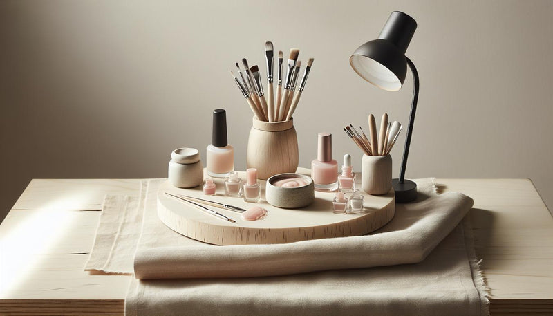 Minimalistischer Nageltisch mit offenem Gel‑Set, rosé Farbtöpfen, feinen Pinseln und LED‑Licht auf hellem Birkenholz; ruhige Tageslichtstimmung – naturnahe gelnägel