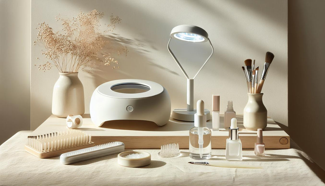Nahaufnahme minimalistischer Maniküre-Arbeitsplatz mit offener UV-Gel-Dose, UV/LED-Lampe, Dehydrator und Primer auf hellem Holz; ruhige Tageslichtstimmung – nebenwirkungen uv-gelnägel