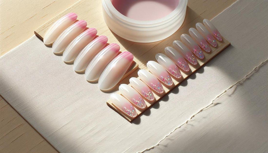 Nahaufnahme künstlicher Gelnail-Tips in neon pink mit weißer Basis, glänzender Spitze und dezentem holografischem Glitzer auf heller Birkenholzoberfläche.