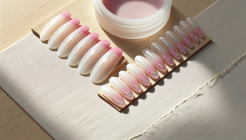 Nahaufnahme künstlicher Gelnail-Tips in neon pink mit weißer Basis, glänzender Spitze und dezentem holografischem Glitzer auf heller Birkenholzoberfläche.