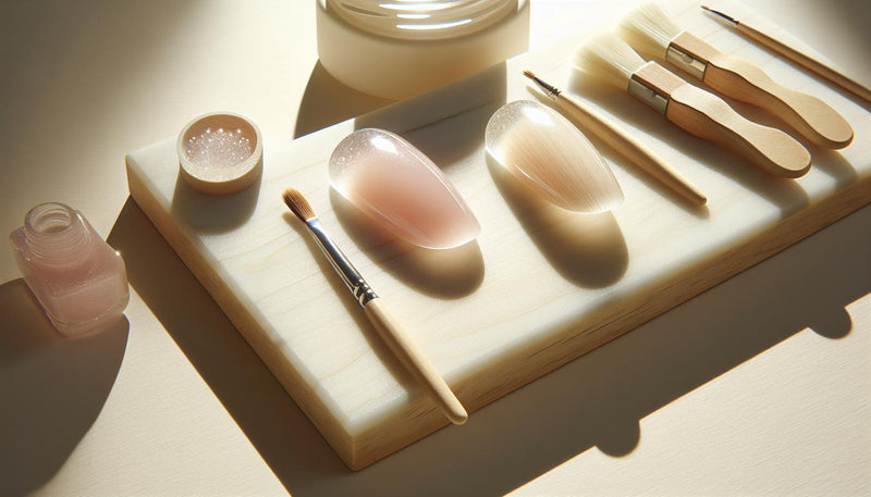 Nahaufnahme von zwei vorbereiteten Gelnägeln auf hellem Holz; einer in neon pink nagellack mit feinem Glitzerakzent, dezente Keramikschale und Pinsel, minimalistisch, hell.