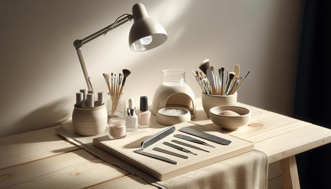 Stillleben einer ordentlichen Arbeitsfläche mit LED‑Lampe, Glästigern mit Polygel und Pigmentpulvern, wenigen Nail‑Tips und leichten Pink/Schwarz‑Akzenten – neueste Nageltechnik.