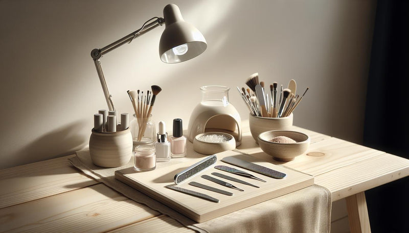 Stillleben einer ordentlichen Arbeitsfläche mit LED‑Lampe, Glästigern mit Polygel und Pigmentpulvern, wenigen Nail‑Tips und leichten Pink/Schwarz‑Akzenten – neueste Nageltechnik.