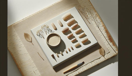 Nahaufnahme neutral lackierter, glänzender Kunstnägel auf hellem Holz mit Keramikschale und getrockneten Blüten im warmen Tageslicht — nicht vergilbender nagellack