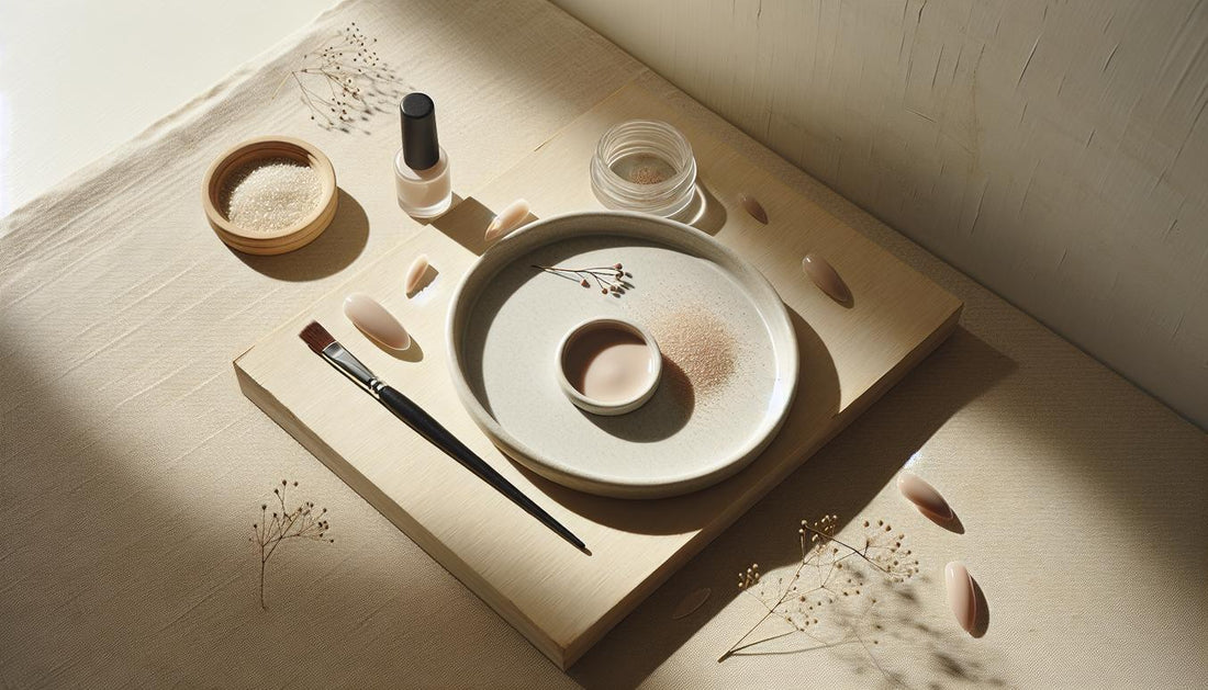 Minimalistisches Stillleben mit Nail-Swatch und kurzen nude gelnägel kurz, ovaler Nagel mit Glanzakzent auf hellem Leinen, dünner Ring, offener Glastiegel.