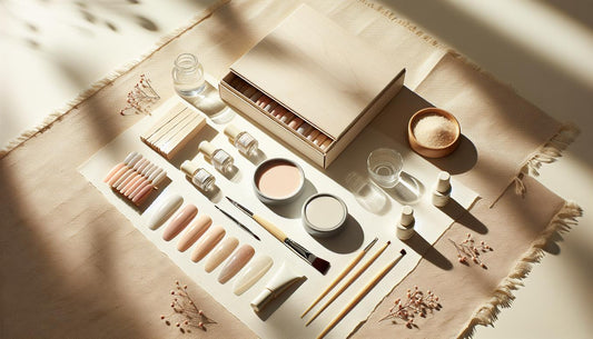Flatlay eines ungelabelten Gel-Starter-Sets mit drei nude gelnägel-Farbproben (Sheer Rosé, Pfirsich-Beige, Neutral Nude) auf hellem Holz.