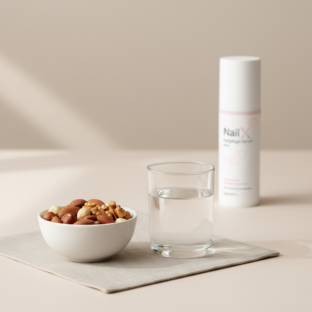 Minimalistische Frühstücksszene mit Schale gemischter Nüsse, Glas Wasser und dezenter NailX Nagelpflege im Hintergrund – Nüsse für Haare