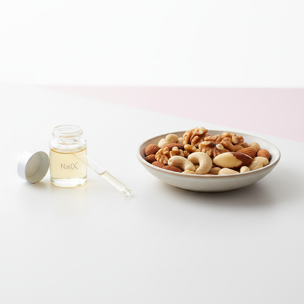 Minimalistisches Tabletop mit offenem NailX Cuticle-Oil-Glas und einer Schale gemischter Nüsse (Mandeln, Walnuss, Cashew, sichtbare Brazilnuss) – Nüsse für Nägel, helle klinisch-lifestyle Optik.