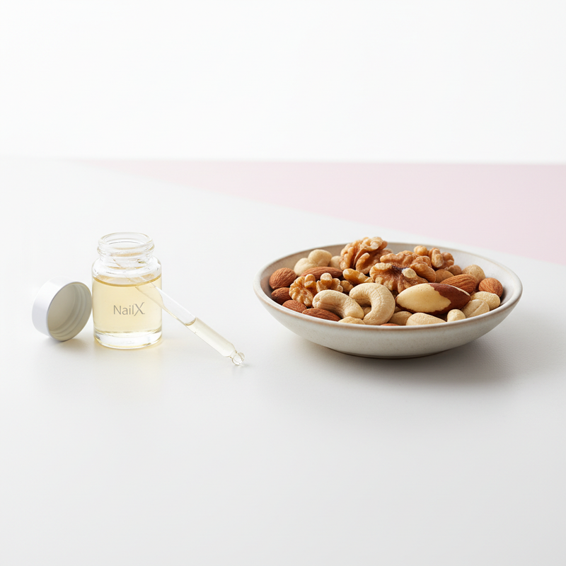 Minimalistisches Tabletop mit offenem NailX Cuticle-Oil-Glas und einer Schale gemischter Nüsse (Mandeln, Walnuss, Cashew, sichtbare Brazilnuss) – Nüsse für Nägel, helle klinisch-lifestyle Optik.