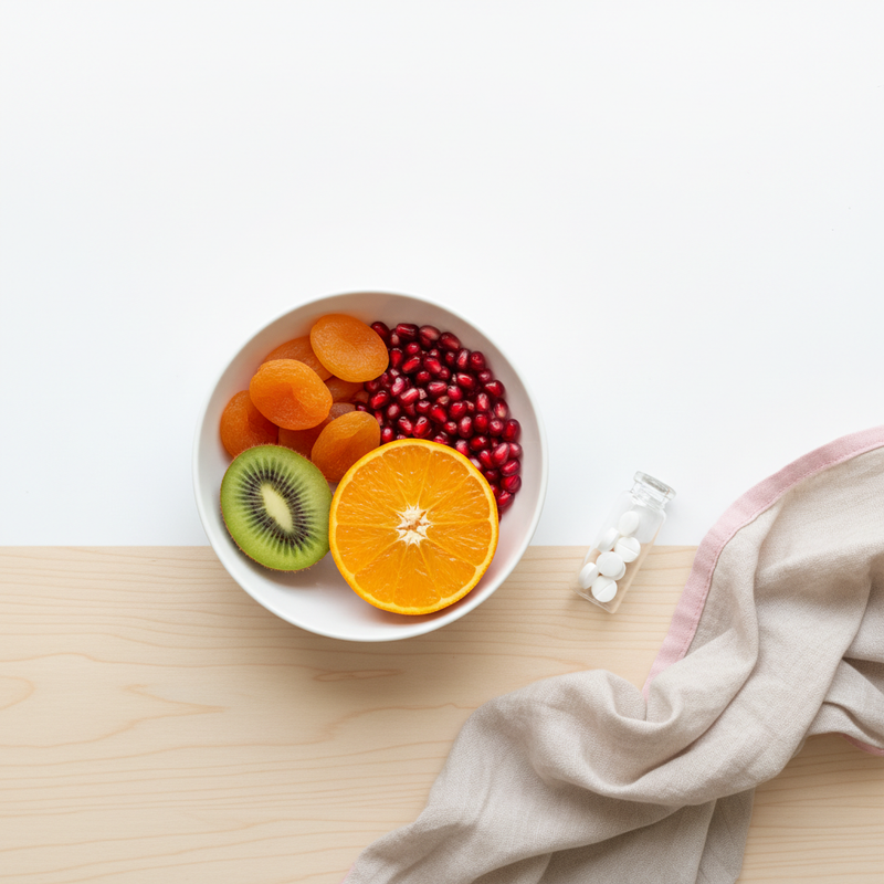 Stillleben mit Obst bei Eisenmangel: weiße Schale mit getrockneten Aprikosen, Granatapfelkernen, Kiwi‑Scheibe, halbierter Orange und Glasvial mit Vitamin‑C‑Tabletten.