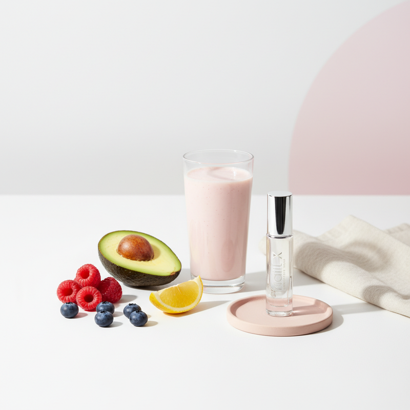 Minimalistisches Stillleben mit Beeren, halbierter Avocado, Zitronenscheibe, Glas Smoothie und NailX-Nagelhautöl – Obst für gesunde Nägel in hellem, ruhigem Stil