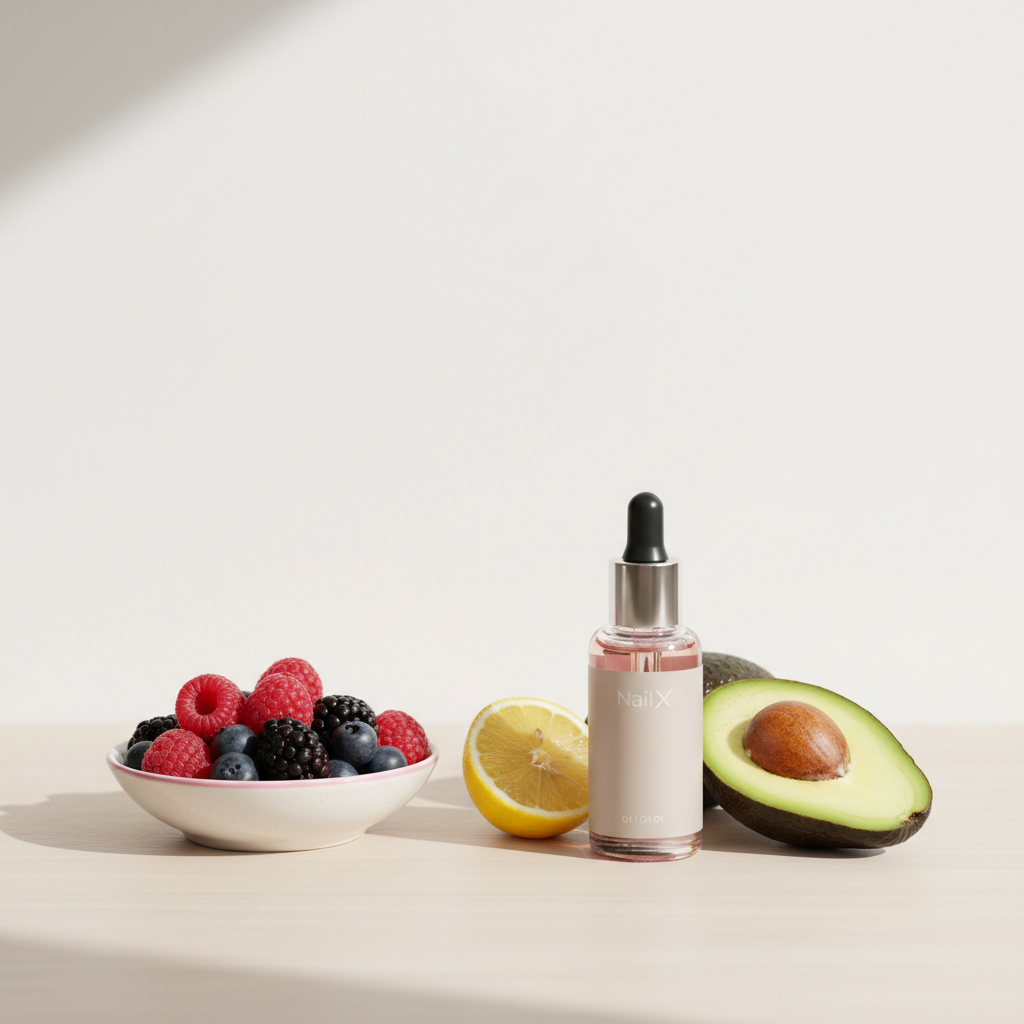 Stillleben mit Beeren, halbierter Avocado, Zitronenschnitz und versiegeltem Nagelhautöl auf weißem Tisch – Obst gegen brüchige Nägel, minimalistisches NailX-Motiv