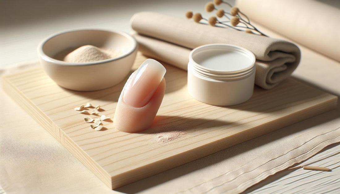 Nahaufnahme eines realistischen Silikon‑Nagelbett‑Modells: links gesunder Nagel, rechts teilweise abgelöste Nagelplatte, sterile Tücher und dezenter pinker Puderakzent – Onychomadese.