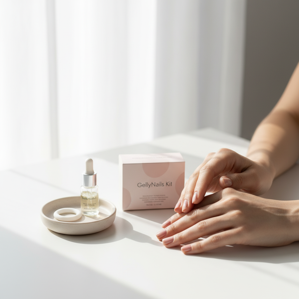 Onychophagie: Nahaufnahme gepflegter Hände neben GellyNails Kit, Keramikschale mit Silikonring und Nagelöl auf weißem Vanity-Tisch bei sanftem Fensterlicht