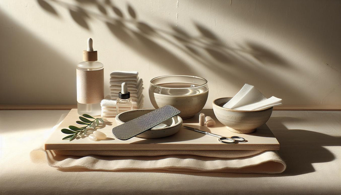Minimalistische Nahaufnahme einer geordneten Maniküre‑Arbeitsfläche mit Glasfeile, Nagelhautöl, Wattepads und Keramikschale mit warmem Wasser – Pause vom Aufkleben von Nägeln