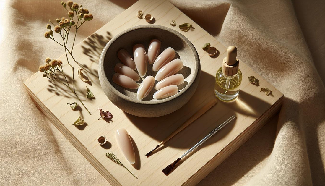 Keramikschale mit natürlichen Press-on-Nägeln und offenem Nagelöl auf hellem Leinentuch – Pause von Gelnägeln, minimalistische Pflege.