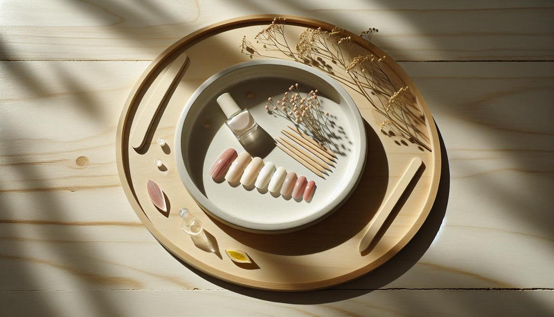 Minimalistische Nahaufnahme handbemalter natürlicher Nagelproben auf hellem Holz mit offener Nagelölflasche, feiner Feile und rosa Blütenblatt – Pause von Gelnägeln