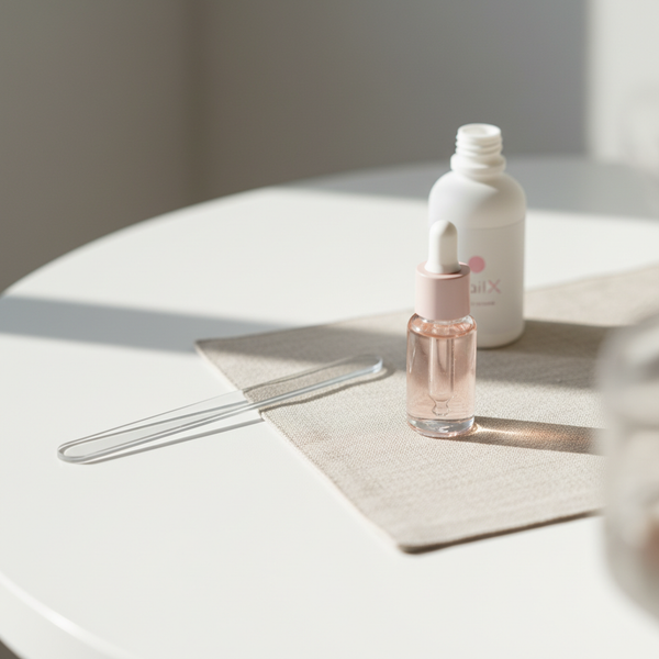 Nahaufnahme minimalistisches Stillleben mit Glasfeile, Nagelöl-Fläschchen und Leinenunterlage als visuelle Darstellung von Pflege für Fingernägel