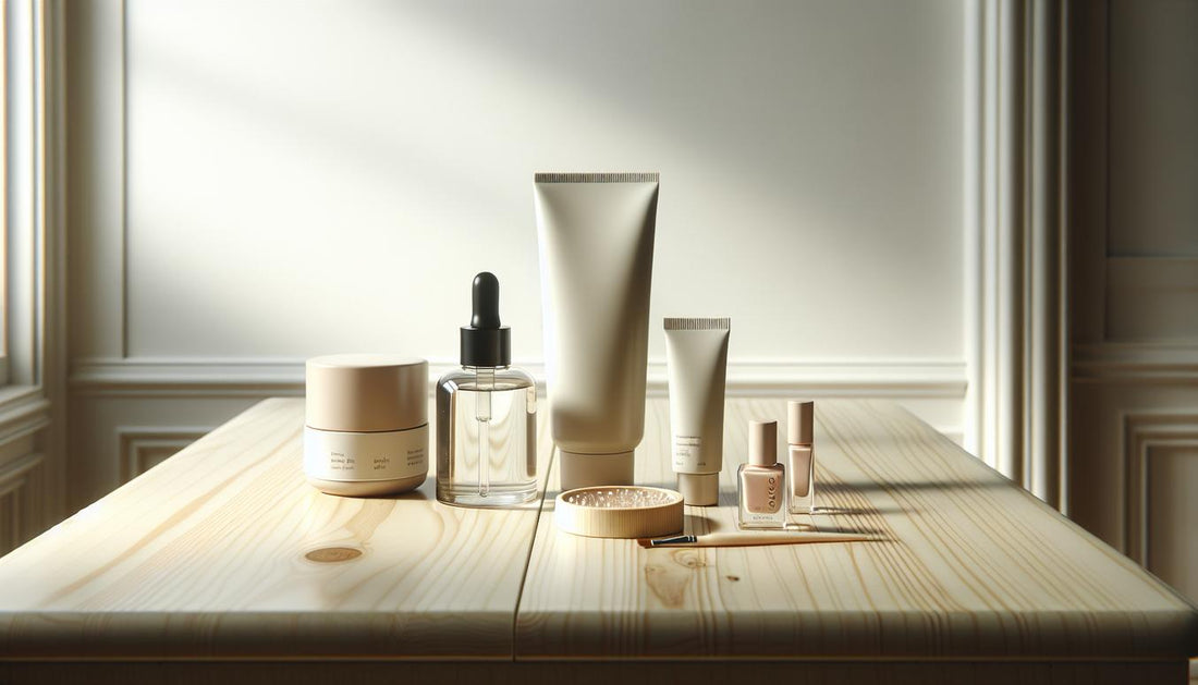 Minimalistisches Stillleben auf hellem Holztisch mit Nagelöl, Handcreme, Balm, verpacktem Remover-Wrap und Top Coat – pflege gelnägel zuhause