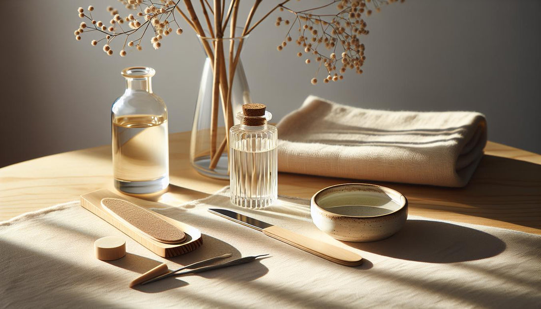 Minimaler, heller Maniküre-Arbeitsplatz mit Handtuch, geöffneten Jojoba- und Mandelölfläschchen, Feile, Schale mit lauwarmem Wasser und Pflanzenzweig – pflege nach gelnägel entfernen