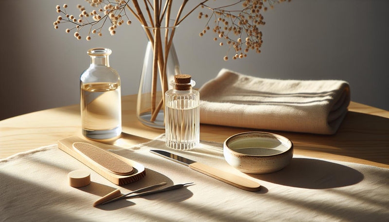 Minimaler, heller Maniküre-Arbeitsplatz mit Handtuch, geöffneten Jojoba- und Mandelölfläschchen, Feile, Schale mit lauwarmem Wasser und Pflanzenzweig – pflege nach gelnägel entfernen