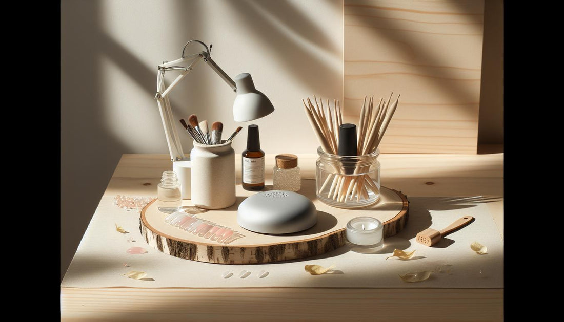 Luftiges Flatlay eines offenen Soft-Gel-Starter-Kits mit kurzen, abgerundeten Naturnagel-Tips auf hellem Birkenholz, dezente pinke Akzente für pflegeleichte nägel