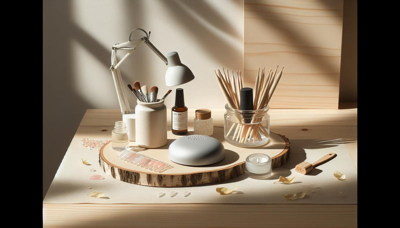 Luftiges Flatlay eines offenen Soft-Gel-Starter-Kits mit kurzen, abgerundeten Naturnagel-Tips auf hellem Birkenholz, dezente pinke Akzente für pflegeleichte nägel