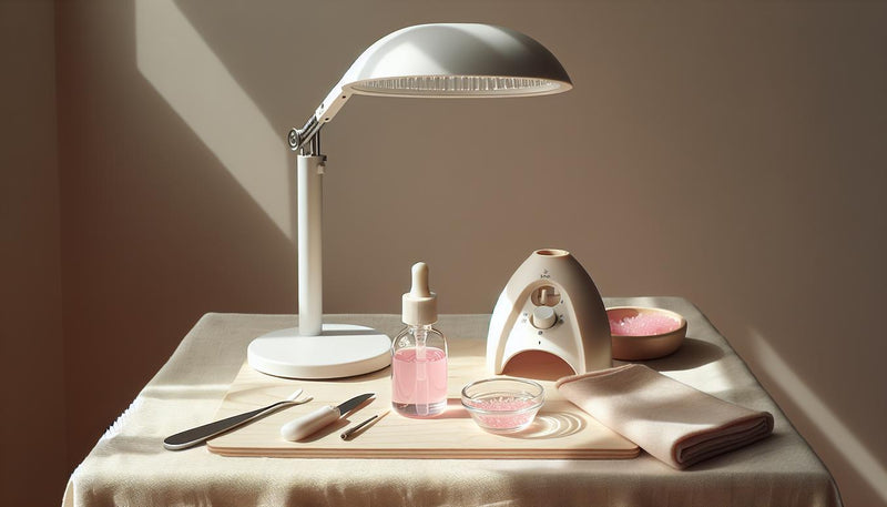 Flatlay mit offenem UV/LED-Licht, rosa Cotton-Candy-Gelflasche ohne Logos, Feile, Buffer und Schale mit Dehydrator — pink armor nagelgel auftragen.