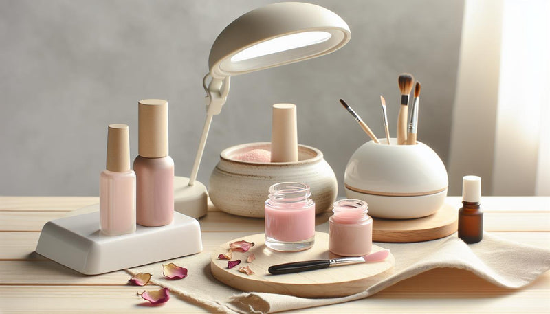 Nahaufnahme einer aufgeräumten Maniküre-Station mit offenem Glas Pink Armor Nagelgel neben LED-Lampe, Base Gel, Primer und Dehydrator auf hellem Holz, minimalistisch, weiß-pink Akzent.