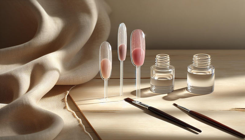 Drei zartrosa Gellack-Swatches auf Leinen mit offenem Nagelöl und Pinsel, minimalistisch, hell – Pink Gellac Haltbarkeit im Fokus