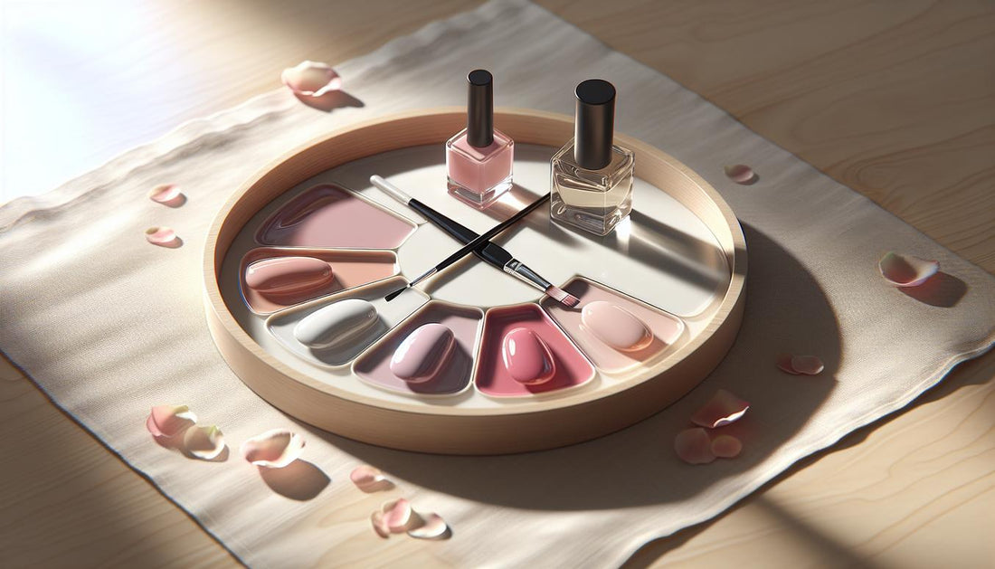 Farbkarte mit vier Nagellackproben auf hellem Birkenholz, Nagelpinsel, kleine Nagelöl‑Flasche und Rosenblätter — dezente Akzente für pinke Nägel.