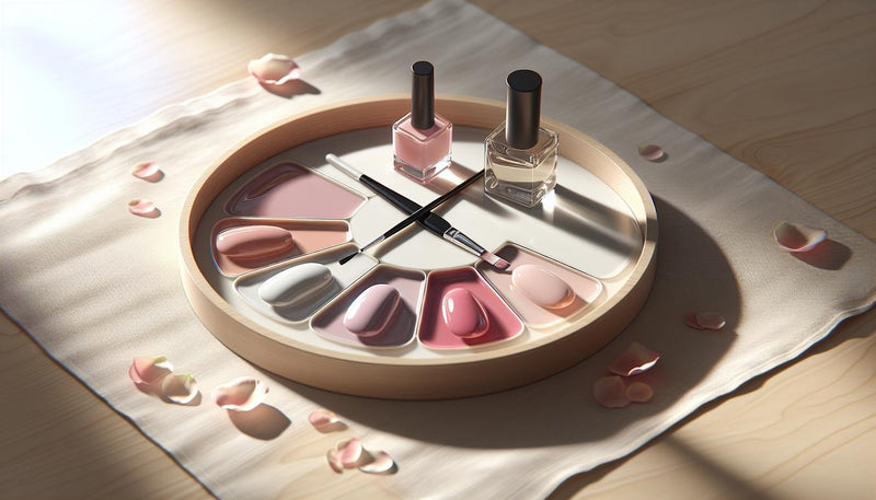 Farbkarte mit vier Nagellackproben auf hellem Birkenholz, Nagelpinsel, kleine Nagelöl‑Flasche und Rosenblätter — dezente Akzente für pinke Nägel.