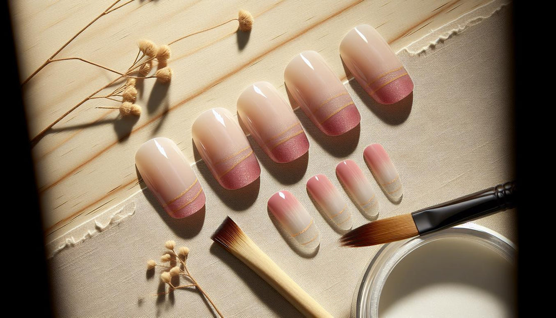 Nahaufnahme von pinke Nägel Ombré auf Display-Tips mit feinem Goldstreifen, liegend auf heller Birke und beigem Leinen, dezente Blütenblätter und Pinsel als Akzente.