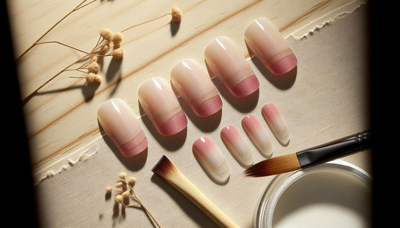 Nahaufnahme von pinke Nägel Ombré auf Display-Tips mit feinem Goldstreifen, liegend auf heller Birke und beigem Leinen, dezente Blütenblätter und Pinsel als Akzente.